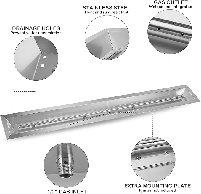 Stanbroil 60 by 6-Inch Linear Trough Drop-in Fire Pit Pan and Burner, 304 Stainless Steel Large Fire Pit for Natural Gas & Propane, BTU 108,000 Max