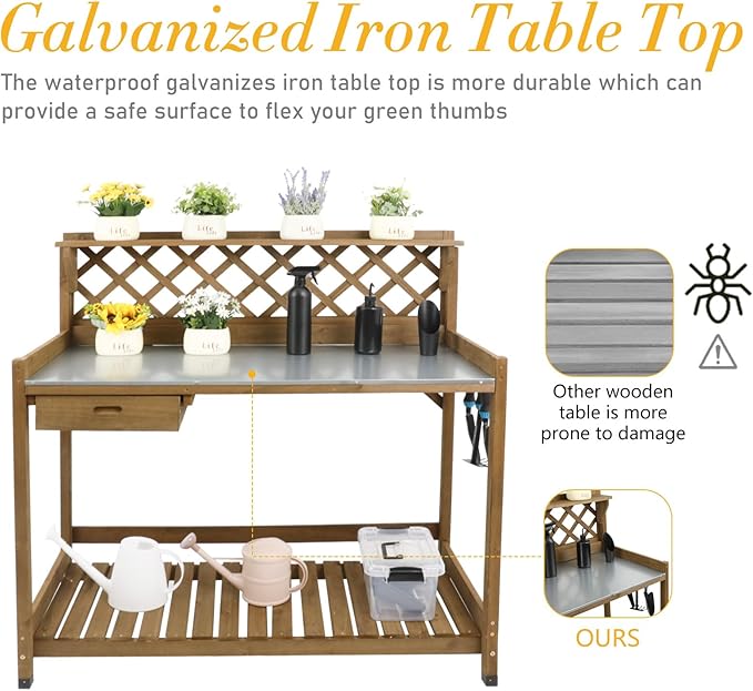 Garden Potting Bench with Metal Tabletop,Outdoor Potting Table Workstation Benches with Drawer/Storage Shelf,Fir Wood Potting Station Work Table with Open Shelf,Lattice Back (Brown)