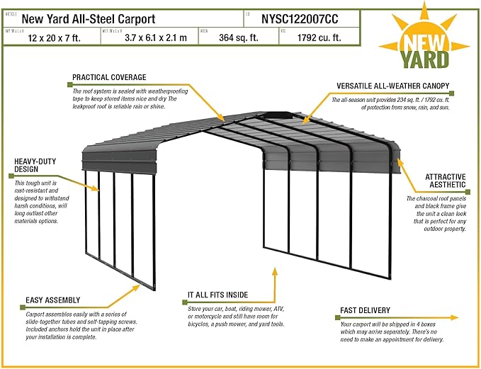 Steel Carport (Charcoal, 12 x 20 x 7 ft)