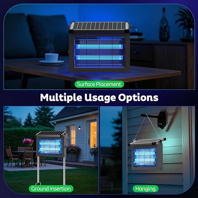 Solar Bug Zapper Outdoor, Mosquito Zapper Waterproof Electric Fly Zapper Rechargeable Mosquito Killer Lamp with 10W Solar Panel, 4500V Cordless Fly Trap for Backyard, Patio, Garden, RV, Camping