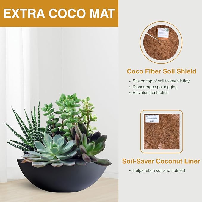6.9" H x 19.7" D Round Bowl Fiberstone Planter for Succulent and Lotus, Drainage Hole, Weather Resistant for Indoor and Outdoor Use, Included 2 Extra Coco Mats (Black, 17.9" Pot Opening)