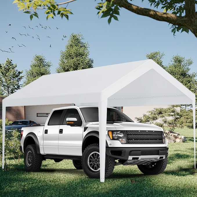 Carport Replacement Canopy, Replacement Top Cover for 10' x 20' Carport Frame, 180G PE Fabric Waterproof & UV Protected Tarp with Ball Bungees, White (Only Top Cover, Frame is not Included)