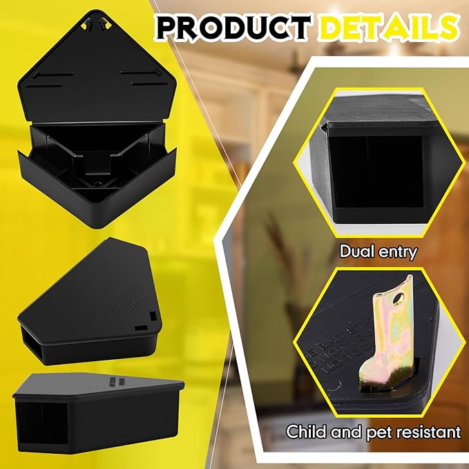 Qualirey 2 Pcs Mice Station with Key Triangle Bait Station Reusable Rodent Trap Bait Box, Keeps Children and Pets Safe Indoor & Outdoor, Bait Not Included, Suitable for Small Mice (Black)