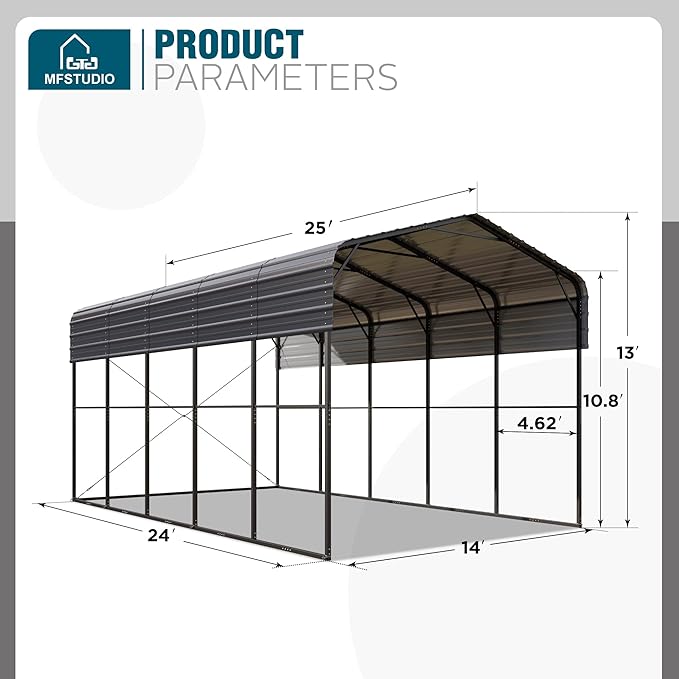 MFSTUDIO RV Carport 14x25 ft, Outdoor Heavy Duty Carports, Height 13 ft for Large RVs Metal Shed Canopy Shelters Garage Shelter Shade Car Ports with Galvanized Roof for Cars, Truck and Boats 
