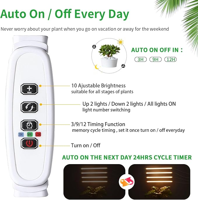 LED Plant Growing lamp, 3000K Full Spectrum Grow Light Strips for Indoor Plants with 3/9/12H Timer & 10 Dimmable Levels, Led Growth Light for Green House Hydroponics Succulent 13In 4Head