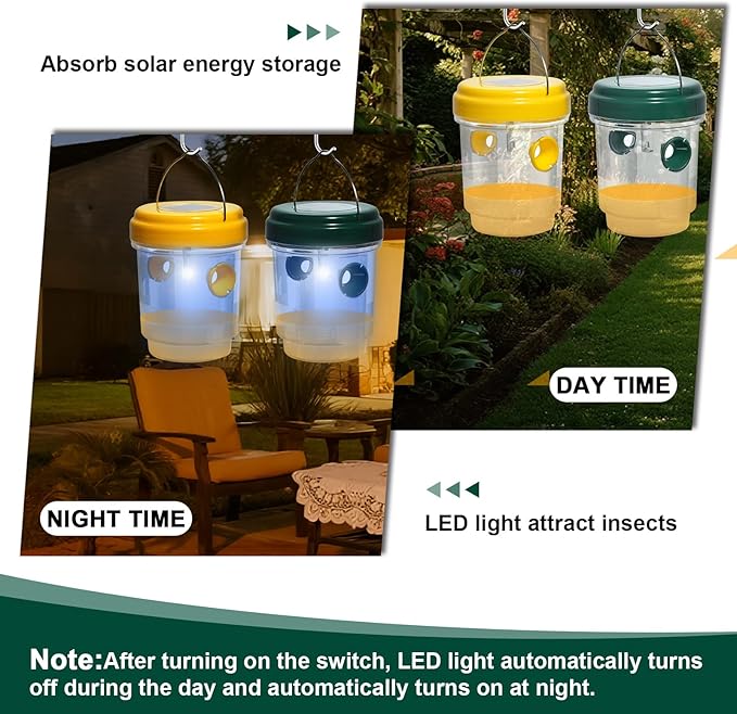 SPICA 4 Pack Wasp Traps Outdoor Hanging, Reusable, Solar Powered Bee Traps for Hornets, Bees, Yellow Jackets, Wasps with Led Light