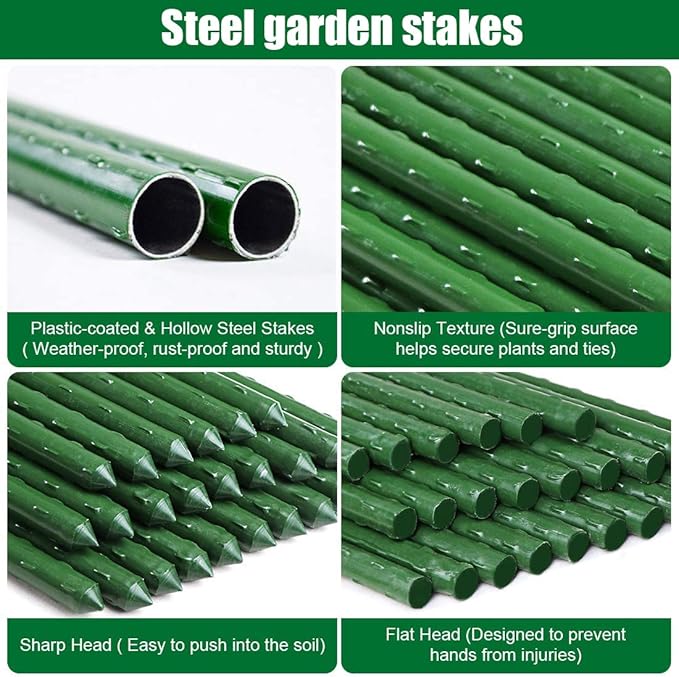 Mininfa Steel Plant Stakes 4 Feet, Plastic Coated Metal Garden Stakes Supports Climbing for Tomatoes, Trees, Beans, 25 Pack