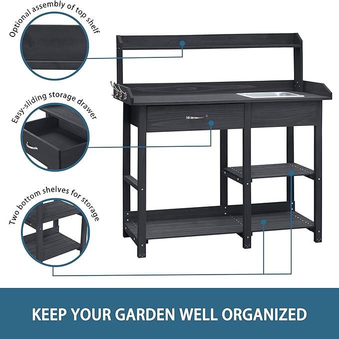 BlueWish Potting Bench, Potting Benches for Outside with Fir Wood Frame, Removable Sink, Three Hooks, Potting Table for All Weather