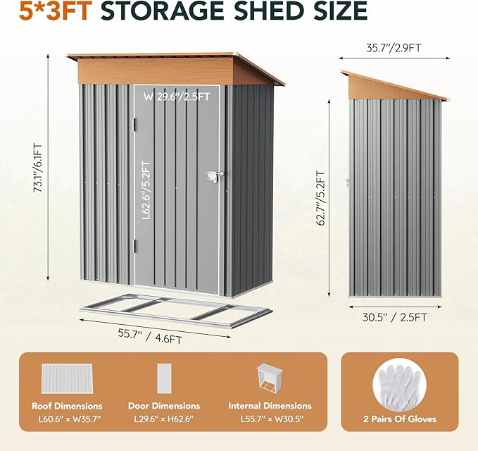 5x3FT Multi-Used Shed & Outdoor Storage Shed with Floor Frame, Lockable Doors, Compact Metal Tool Shed for Garden, Backyard, Patio, Utility, and Various Storage(Matte Gray)