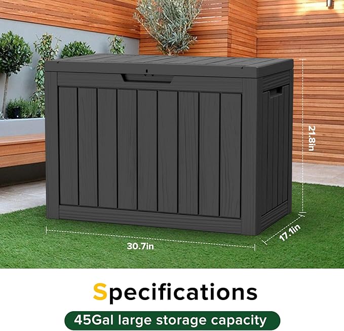 45 Gallon Waterproof Large Resin Deck Box Indoor/Outdoor Lockable Storage Container and Seating for Garden, Pool, and Patio (45 Gallon, Black)