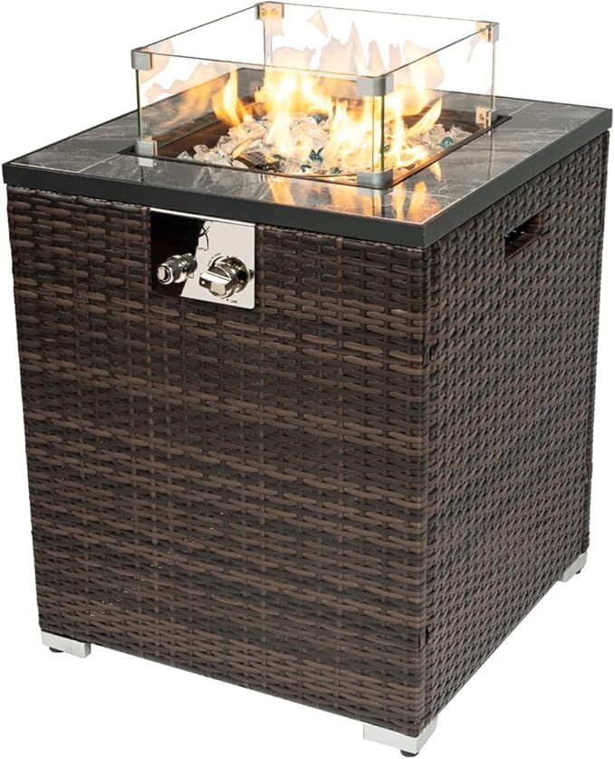 24in Outdoor Propane Gas Fire Pit Table, 40,000 BTU Auto-Ignition Gas Firepit with Glass Wind Guard, Marble Tile Tabletop, Mixed Color Glass Rocks, Brown PE Rattan