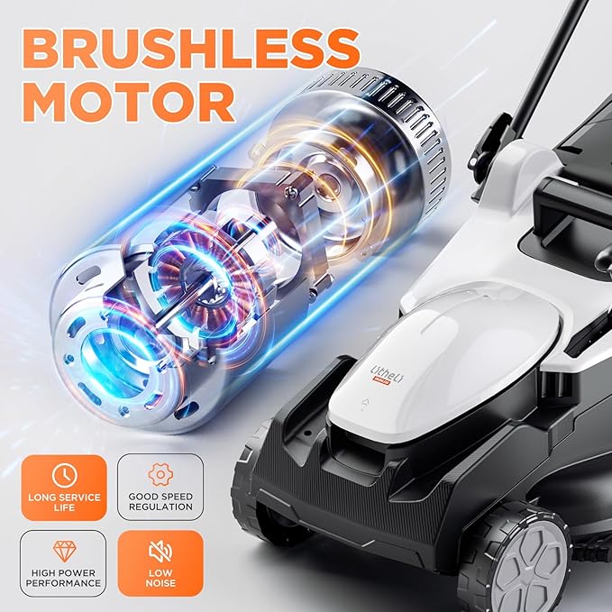 Litheli 16.1" Electric Lawn Mower Cordless, Brushless Lawnmower with 6-Height Adjust and 2 x 4.0Ah Batteries, for Garden and Yards