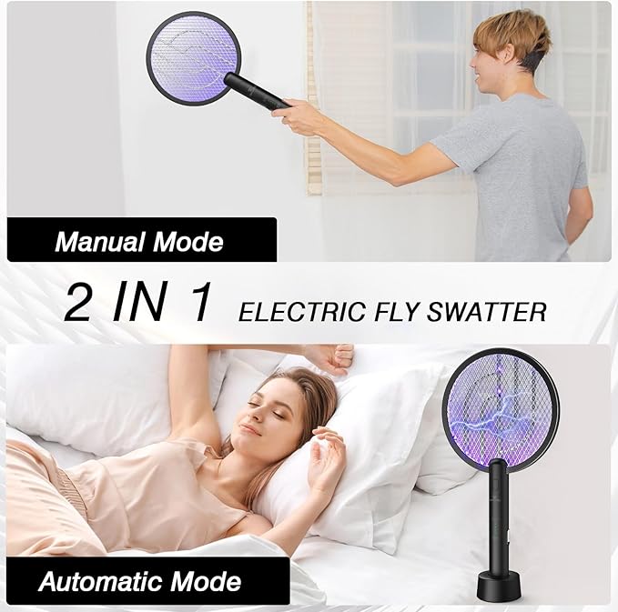 Bug Zapper Racket, 2 in 1 Fly Swatter USB Rechargeable, 4000V Electric Fly Zapper with 4 Layer Safety Mesh,Electric Racket for Kitchen, Home, Garden and Outdoors