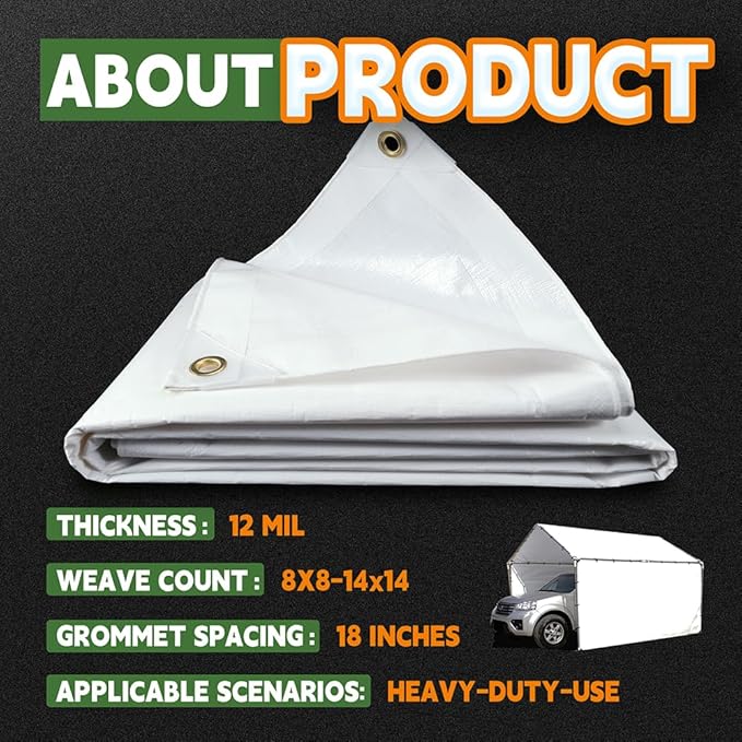 12 Mil Heavy Duty White Tarps 5' X 7', Extra Thick,Durable,Waterproof, UV Resistant, Weatherproof Poly Tarp,with Metal Grommets and Reinforced Edge (Finished Size)-by Raindeway