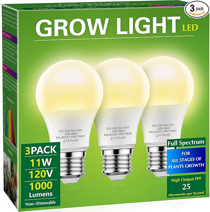 Briignite LED Grow Light Bulbs, Full Spectrum, Plant Light Bulbs E26 Base, 11W, 100W Equivalent, 3Pack