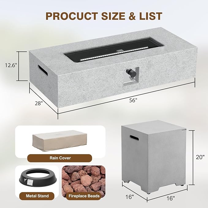2-Piece Outdoor Propane Fire Pit Table Set – Premium Marble-Like MgO Finish, 56-Inch Gas Fire Table with Tank Table for Patio, Garden & Backyard, Includes Rain Cover & Lava Rocks