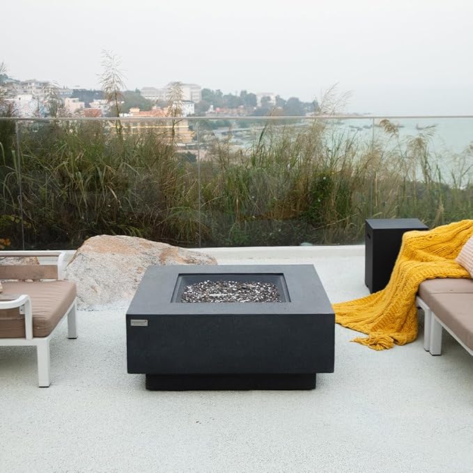 Bergen Concrete Fire Pit 40" x 40" Patio Firepit Includes Fire Glass Modern Fire Pits & Outdoor Fireplaces for Garden, Deck, Indoor & Outdoor Heating