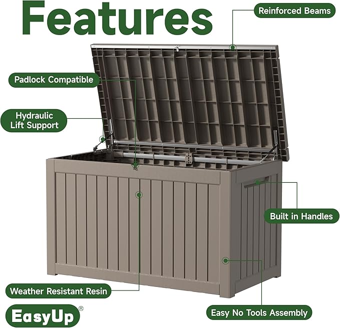 230 Gallon Outdoor Storage Box Waterproof, UV Resistant Resin Deck Box with Hydraulic Rod, Reinforced Stability for Patio, Garden, Striped Gray