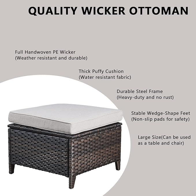 Wicker Outdoor Patio Furniture Set - 5 Piece Patio Conversation Sets with Swivel Rocker Chairs, Ottomans and Side Table, 6 inch Cushions, Waterproof Wicker, for Porch Deck Brown/Beige