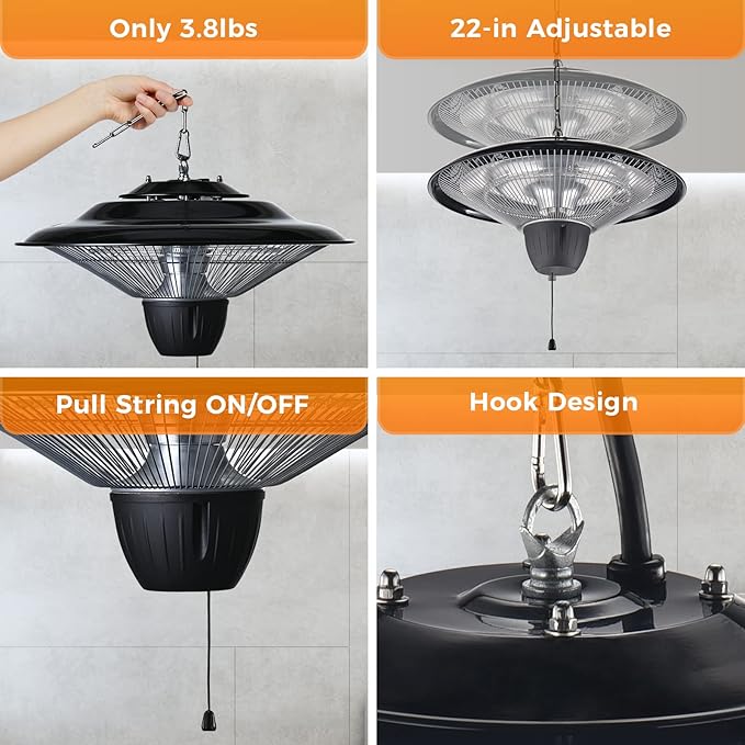 Air Choice Outdoor Heaters for Patio, 1500W Infrared Electric Patio Heater for Ceiling/Garage Use, Hanging Patio Heater with Adjustable Chain Length, Overheat Protection, Ideal for Outdoors and Garage