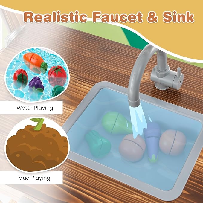 HONEY JOY Mud Kitchen, Fir Wood Outdoor Play Kitchen for Toddlers, Realistic Faucet & Garden Sink, Stoves, Chalkboard, Storage Shelf, Outdoor Kitchen Playset, Mud Kitchen for Kids Outdoor Backyard