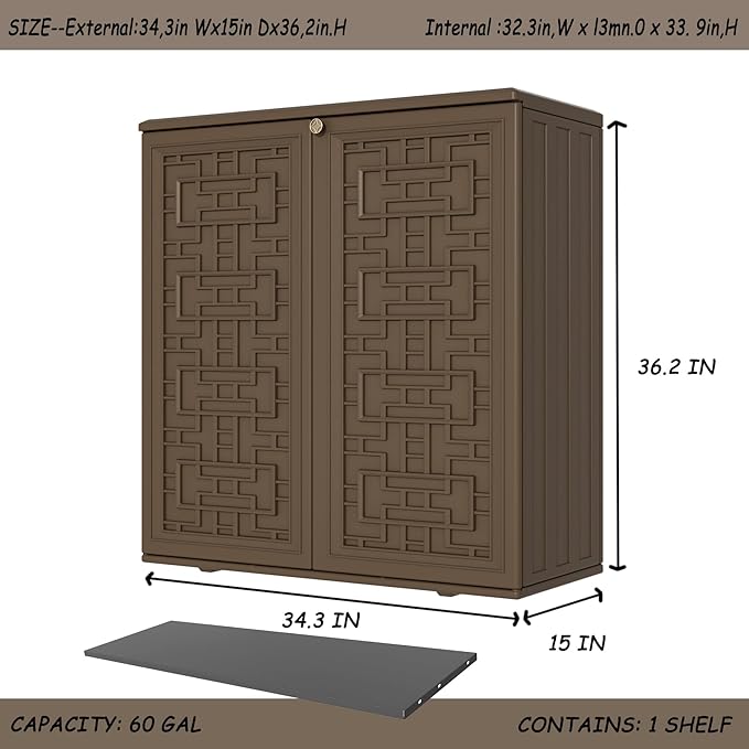 Storage Box Outdoor Caninet,Resin Indoor Storage Box Waterproof Outdoor Storage Cabinets for Patio/Garden/Backyard, Size 34.3''L*15''W*36.2''H(Brown)