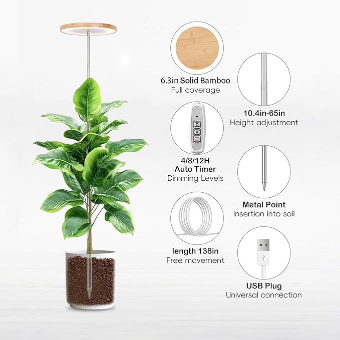 LBW Plant Grow Light Bamboo Plants Grow Lights for Indoor Full Spectrum LED Plant Grow Light, 4/8/12H Recurring Timer