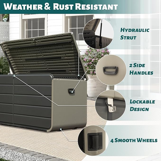 Domi 200 Gallon Outdoor Storage Box – Waterproof, UV-Resistant Deck Box with Lockable Lid for Patio Furniture, Garden Tools, Delivery Packages (Large Resin Storage Bin)