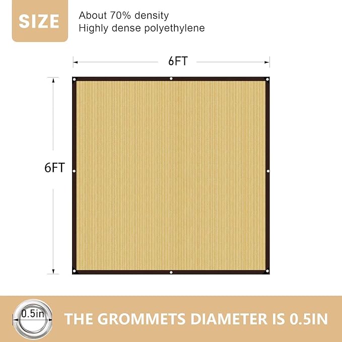 QNLONG Shade Cloth for Garden, 90% Beige Shade Net Mesh Tarp with Grommets Sun Shade Cover Tear Resistance for Plants Greenhouse Chicken Coop Vegetables Pergola 6x6FT