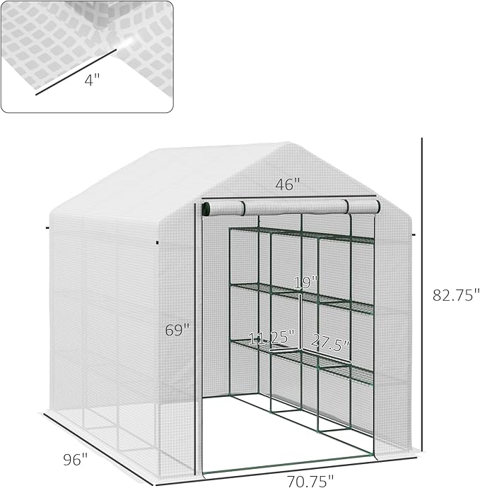 Outsunny Walk-in Greenhouse for Outdoors with Roll-up Zipper Door, 18 Shelves, PE Cover, Small and Portable Green House, Heavy Duty Humidity Seal, 95.25" x 70.75" x 82.75", White
