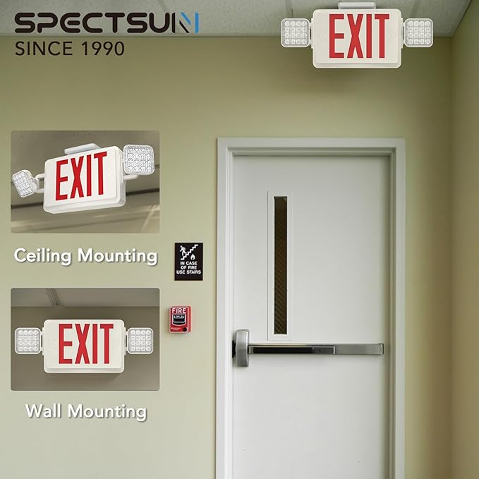 SPECTSUN 10 Pack LED Emergency EXIT Sign Lighting Combo- 120-277V Emergency Exit Lights for Home Power Failure-UL 924 Certified Commercial Emergency Light Fixtures (SPJLEC2RW-WT-10)