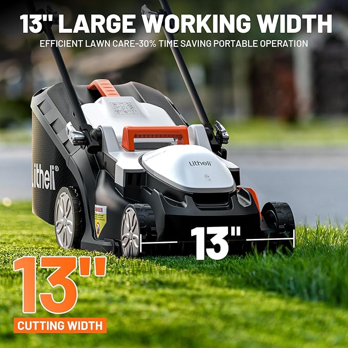 Litheli 13.4inch Electric Lawn Mower Cordless,Grass Cutter Machine for 2600 Sq.Ft.Lawnmower with Brushless Motor, 8 Gallon Capacity, Cutting Height from 1 to 2.5 in, Includes 2X4.0 Ah Battery.