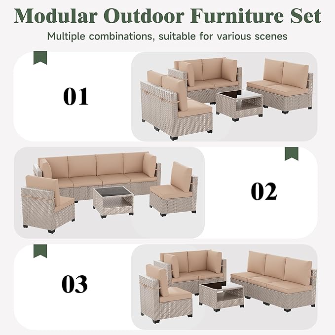 11 Pieces Patio Furniture Set, Outdoor Sectional Wicker Sofa with Thick Cushions and Storage Coffee Table, Rattan Patio Conversation Sets for Deck Garden Poolside, Khaki