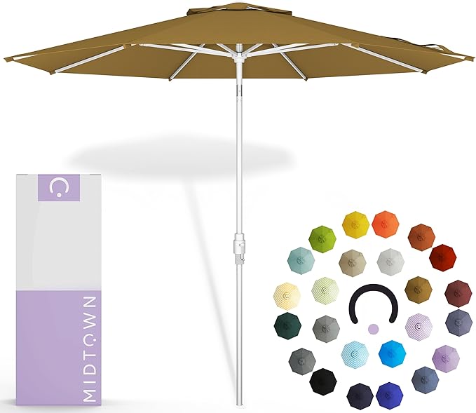 Midtown Umbrellas The Swilt 10 Feet Patio Umbrella in Terylast Sand (Tan) Polyester Fabric - Fiberglass Ribs, Auto-Tilt Aluminum Frame For Backyard, Deck, Garden, Pool - White Pole