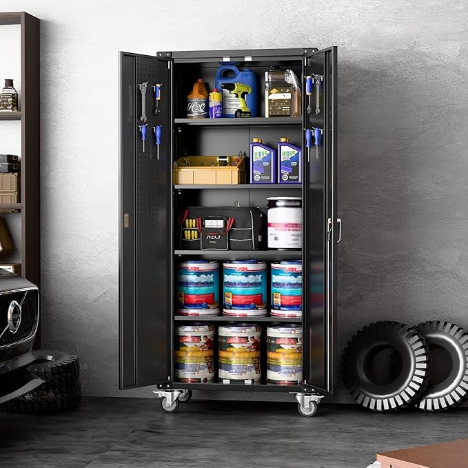 Metal Garage Storage Cabinet with Wheels and Pegboard, 72" H Rolling Steel Storage Cabinet with 4 Adjustable Shelves and Lockable Door for Garage, Office, Home,Required Assembly,Black