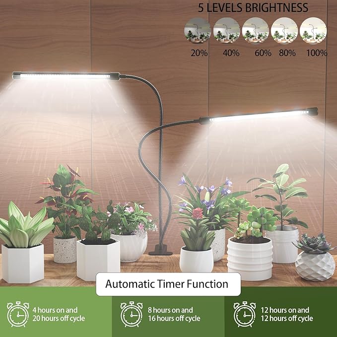 Grow Light, 6500K Full Spectrum White Red Blue 84 LED Plant Lamp Clip-on Desk for Indoor Plants Growing, 5 Dimmable Levels & Timer Setting 4/8/12H