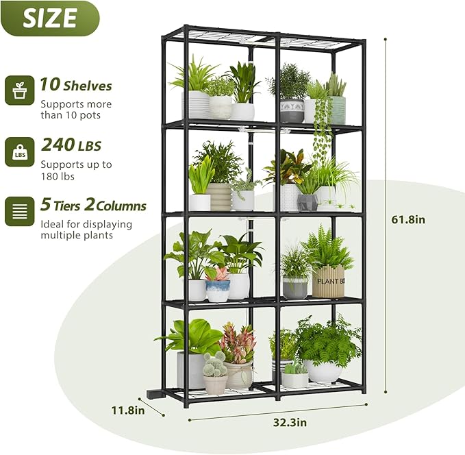 Plant Stand With Grow Lights Plant Stand Indoor Plant Shelf Metal Plant Rack Plant Holder Flower Pot Stand for Multiple Plants for Living Room Patio Balcony Garden Porch Black(5-Tier)