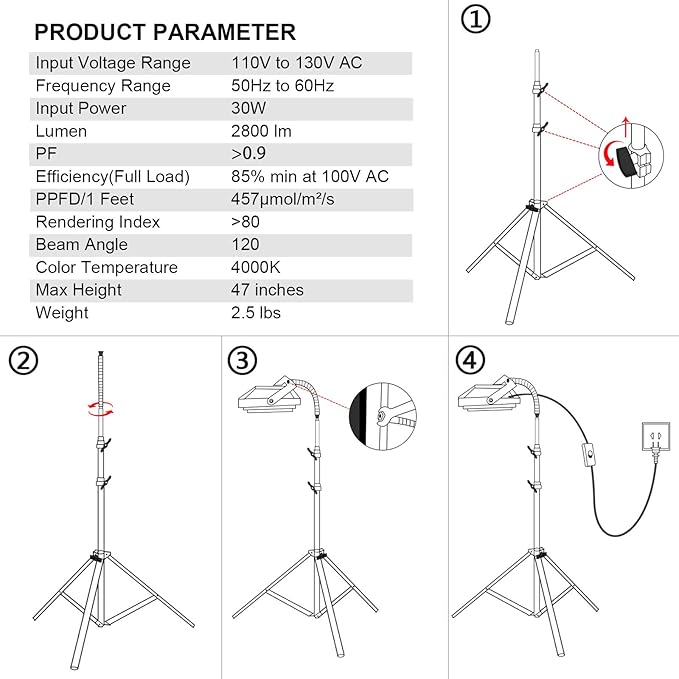 LBW Grow Light with Stand, Full Spectrum LED Floor Plant Light for Indoor Plants, Grow Lamp with On/Off Switch, Adjustable Tripod Stand 15-48 inches