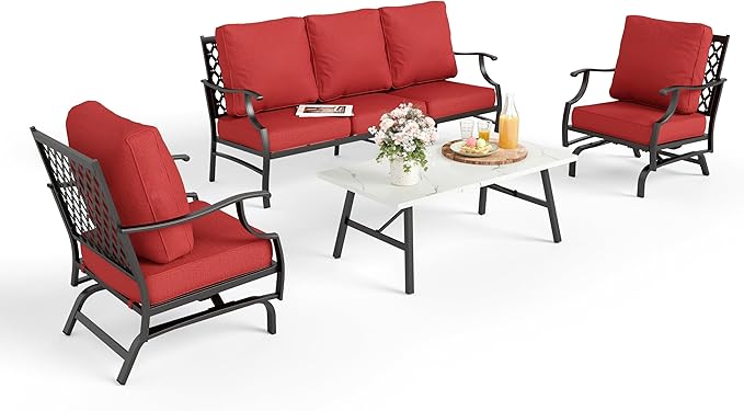Patio Furniture Set 4 pcs, Outdoor Patio Furniture, 3-Seat Sofa, 2 Rocking Chairs, Coffee Table and 5.75" Extra Thick Cushions, Conversation Set for Backyard Deck, Red