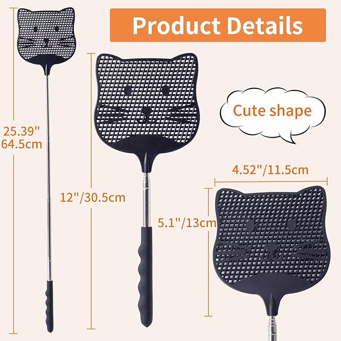 2 Pack Extendable Fly Swatter, 25 inch Long Handle Flyswatters, Plastic Heavy Duty Fly Swatters Manual for Indoors Patio Garden and Outdoors Black