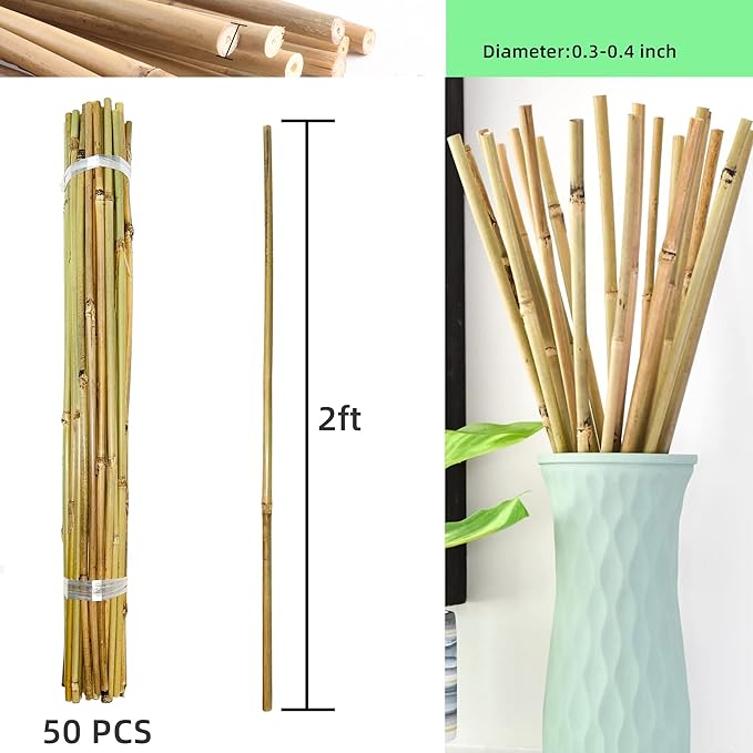 50Pcs Garden Stakes, 0.32”/ 2Feet Bamboo Sticks,Natural Plant Stakes for Indoor and Outdoor Plants,Poles for Tomatoes, Beans, Potted Plants…