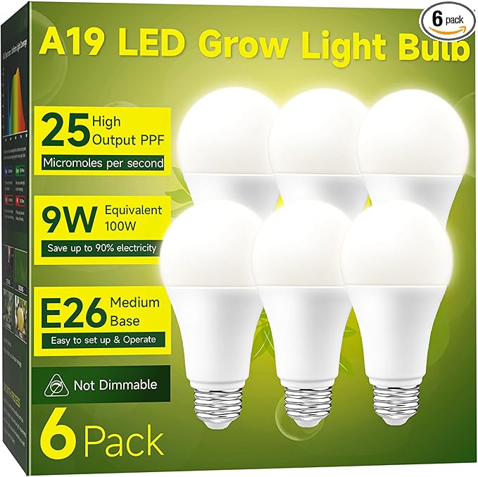Full Spectrum A19 Grow Light Bulb, E26 Base, 9W (100W Equivalent) for Indoor Plants, Greenhouse - 6 Pack