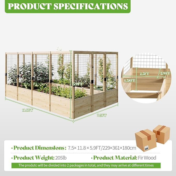 PaPaJet Wooden Raised Garden Bed for Outdoor, Deep Large Planter Box with Netting for Gardening, Vegetables, Flowers, Herbs(7.5× 11.8× 5.9FT)