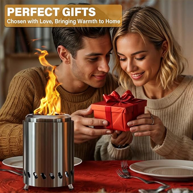 HGD 9.6 x 7.1 in Small Tabletop Fire Pit, Portable Mini Smokeless Table Top Firepit, Low Smoke Camping Stove for Outdoor & Patio, Fueled by Pellets or Wood, with Travel Bag, Stainless Steel, Silver