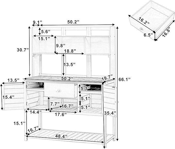 Outdoor Wooden Potting Bench Table β Farmhouse Garden Workstation with Drawers, Cabinet & Storage Shelves, Large Fir Wood Work Table for Patio, Backyard, Mudroom, Greenhouse (White & Brown, 66'' H)