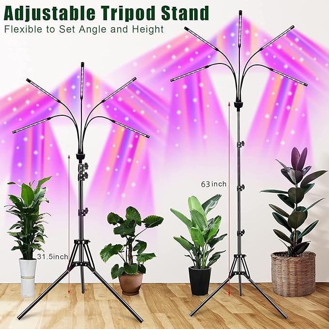 Grow Lights for Indoor Plants,5 Heads Red Blue White Full Spectrum Plant Light with 15-60" Adjustable Tripod Stand, Indoor Grow Lamp with Remote Control and Auto On/Off Timer Function