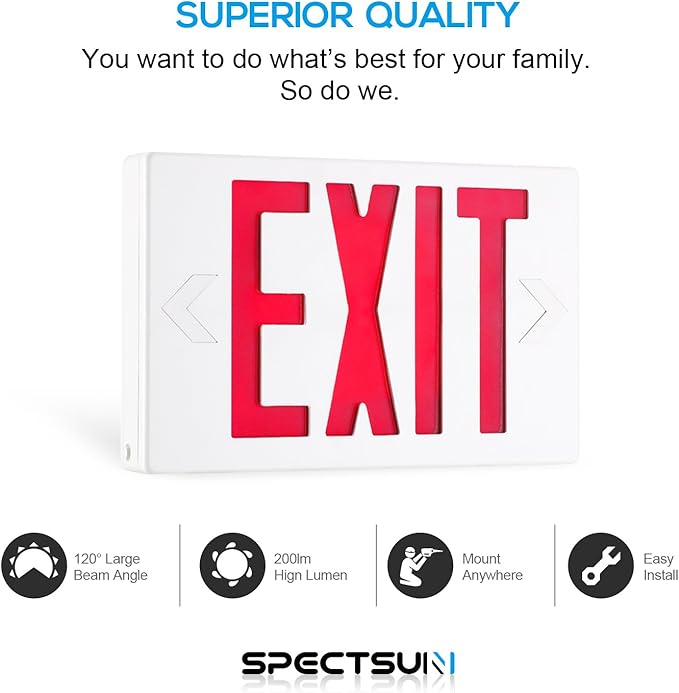 Spectsun 1 Pack LED Exit Sign, Emergency Exit Light with Battery Backup, Double Face, UL 924, AC 120/277V, Damp Location, Hardwired Red Letter Exit Lights for Business.