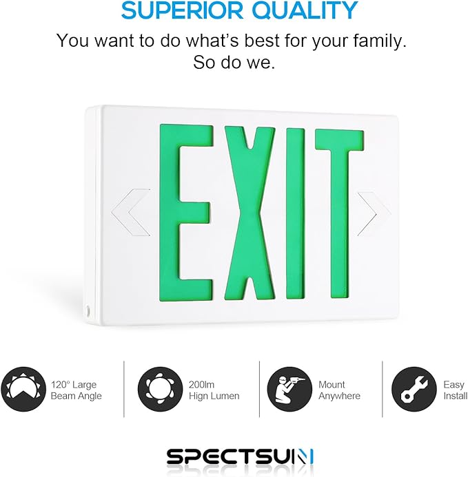 SPECTSUN 4 Packs LED Exit Sign, Emergency Exit Light with Battery Backup, Double Face, UL 924, AC 120/277V, Damp Location, Hardwired Green Letter Exit Lights for Business.