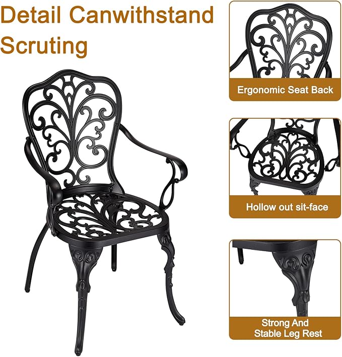 3 Piece Bistro Set, Outdoor Bistro Table and Chairs Set of 2, Rust-Resistant Cast Aluminum All Weather Patio Outdoor Bistro Set with Umbrella Hole for Backyard, Balcony, Front Porch, Black