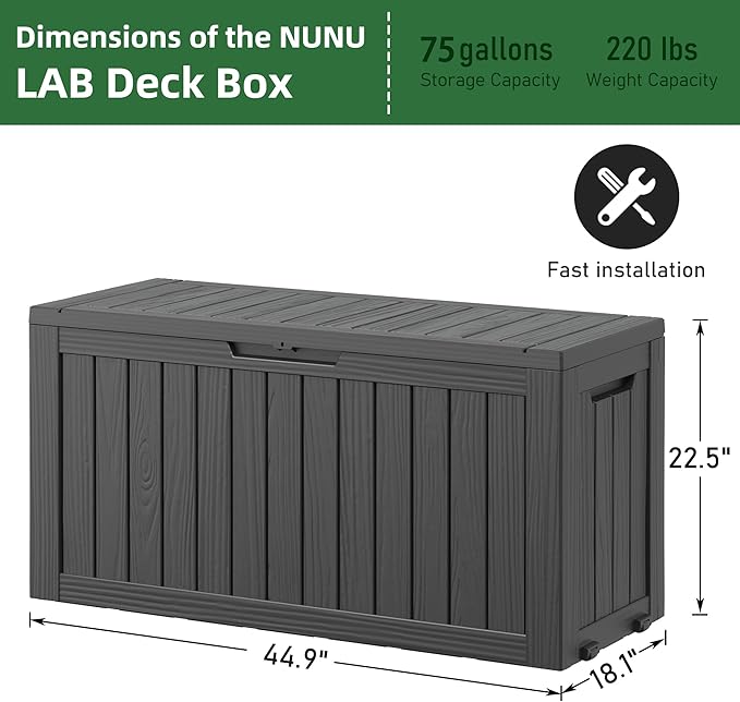75 Gallon Outdoor Storage Box, Waterproof Resin Deck Box with Lockable Lid, Patio Furniture Side Table & Storage Bin for Package Delivery, Patio Cushions, Garden Tools, Pool Accessories, Black